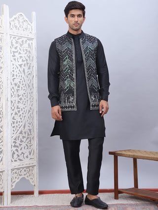 Embroidered Nehru Jacket With Solid Kurta Pyjama Set