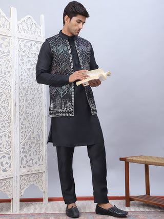 Embroidered Nehru Jacket With Solid Kurta Pyjama Set