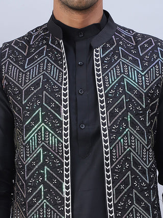 Embroidered Nehru Jacket With Solid Kurta Pyjama Set