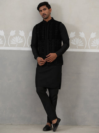 Black Velvet Nehru Jacket with Kurta Pyjama Set