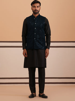 Luxury Velvet Nehru Jacket Paired with Solid Kurta Pyjama