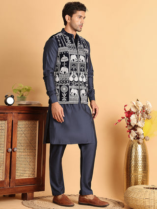 Men's Embroidered & Velvet Nehru Jacket With Solid Kurta Pyjama