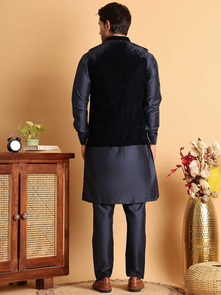 Men's Embroidered & Velvet Nehru Jacket With Solid Kurta Pyjama