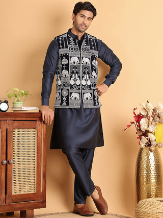 Men's Embroidered & Velvet Nehru Jacket With Solid Kurta Pyjama