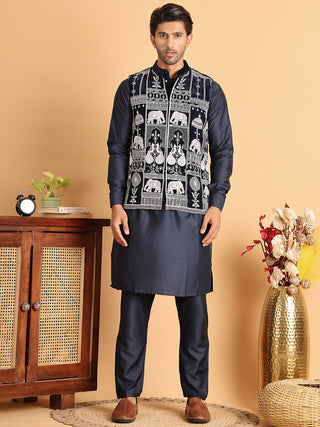 Men's Embroidered & Velvet Nehru Jacket With Solid Kurta Pyjama
