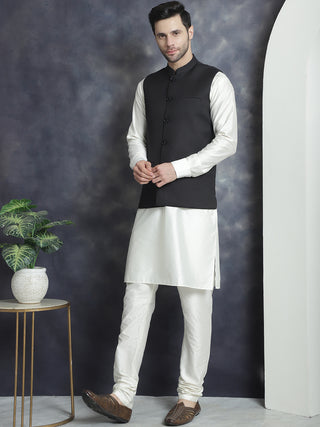 Men's Solid Nehru Jacket with White Kurta & Churidar