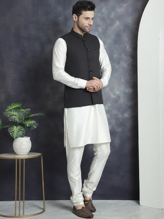 Men's Solid Nehru Jacket with White Kurta & Churidar