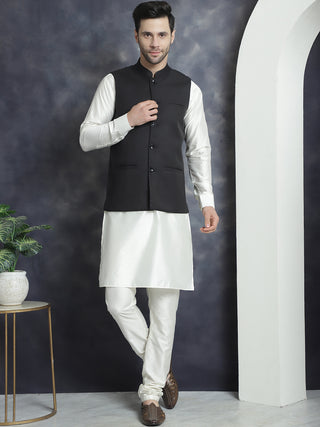 Men's Solid Nehru Jacket with White Kurta & Churidar