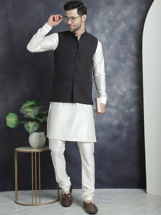 Men's Solid Nehru Jacket with White Kurta & Churidar