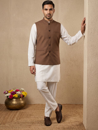 Solid Cotton Blend Nehru Jacket with Silk Blend Kurta Set