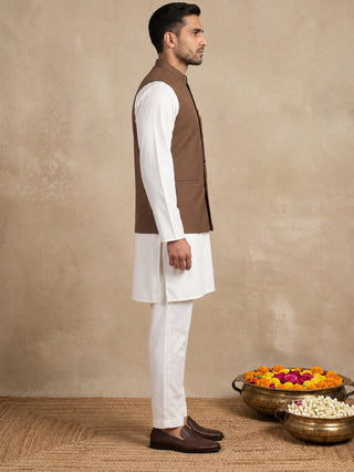 Solid Cotton Blend Nehru Jacket with Silk Blend Kurta Set