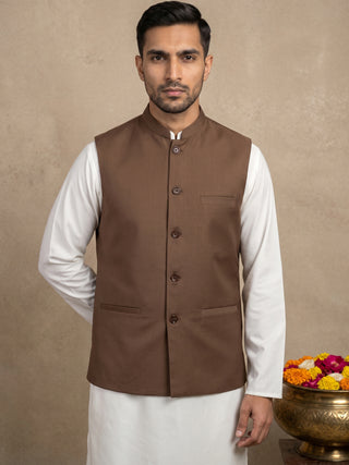 Solid Cotton Blend Nehru Jacket with Silk Blend Kurta Set