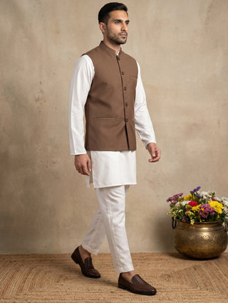 Solid Cotton Blend Nehru Jacket with Silk Blend Kurta Set