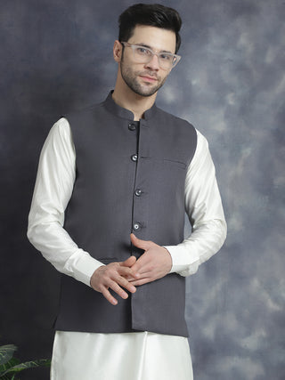 Men's Solid Nehru Jacket with White Kurta & Churidar