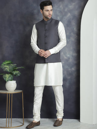 Men's Solid Nehru Jacket with White Kurta & Churidar