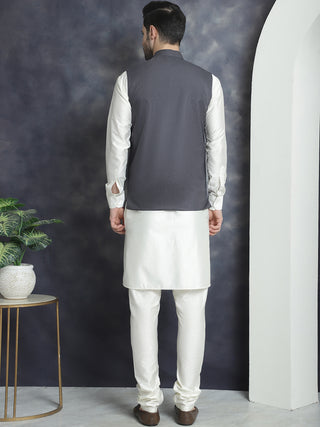 Men's Solid Nehru Jacket with White Kurta & Churidar