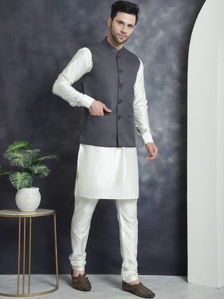 Men's Solid Nehru Jacket with White Kurta & Churidar