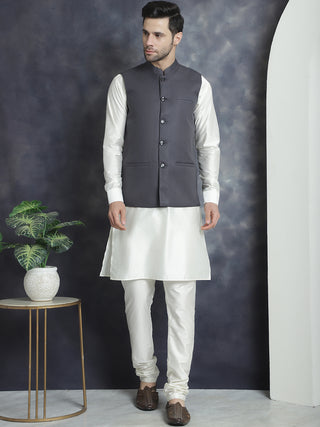 Men's Solid Nehru Jacket with White Kurta & Churidar