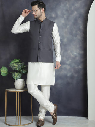 Men's Solid Nehru Jacket with White Kurta & Churidar