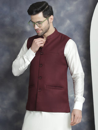 Men's Solid Nehru Jacket with White Kurta & Churidar