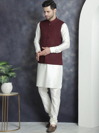 Men's Solid Nehru Jacket with White Kurta & Churidar