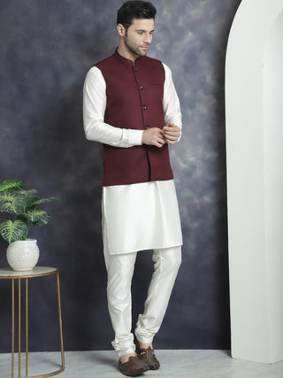 Men's Solid Nehru Jacket with White Kurta & Churidar