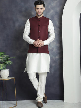 Men's Solid Nehru Jacket with White Kurta & Churidar