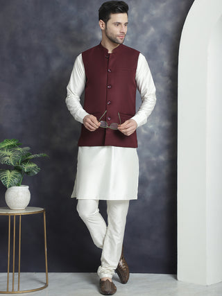 Men's Solid Nehru Jacket with White Kurta & Churidar