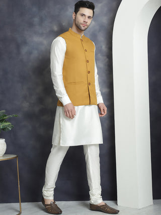 Men's Solid Nehru Jacket with White Kurta & Churidar