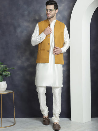 Men's Solid Nehru Jacket with White Kurta & Churidar