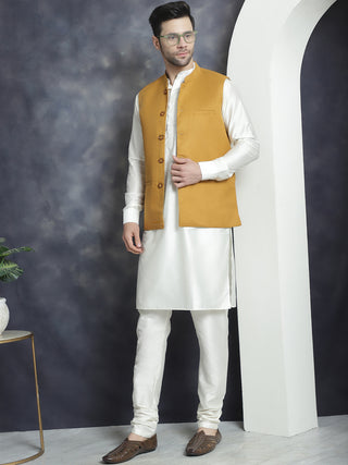 Men's Solid Nehru Jacket with White Kurta & Churidar