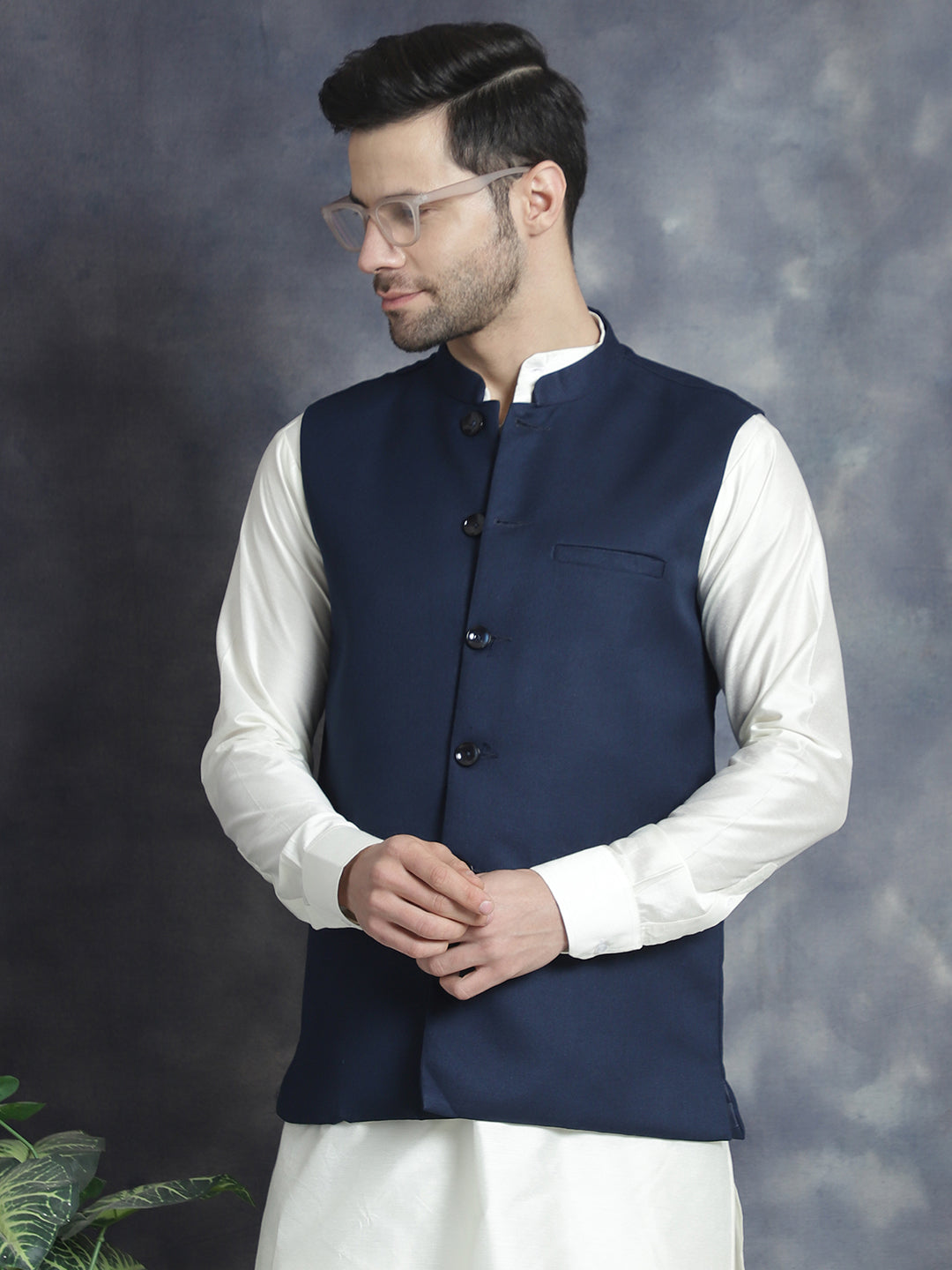Men's Solid Nehru Jacket with White Kurta Churidar