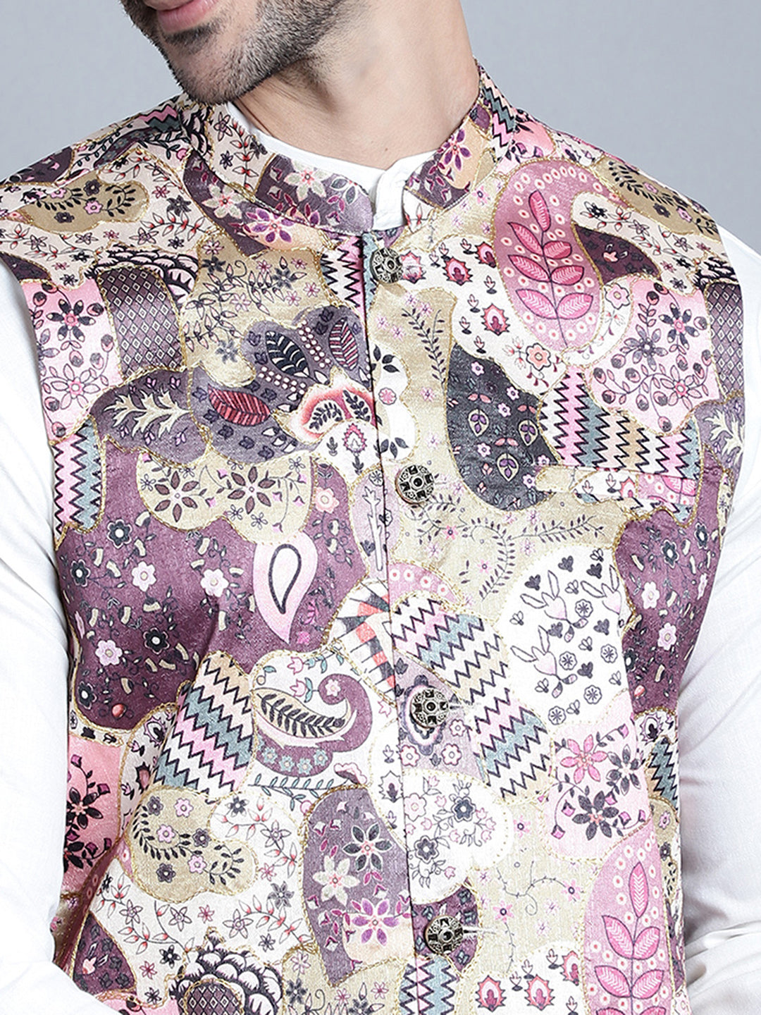 Men's Digital Print and Zari Work Nehru Jacket With Kurta Pyjama Set