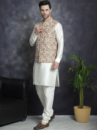 Men's Embroidred Nehru Jacket With Solid Kurta Pyjama