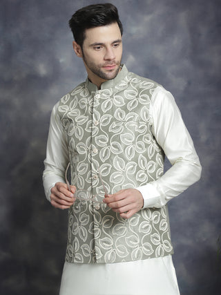 Men's Embroidred Nehru Jacket With Solid Kurta Pyjama