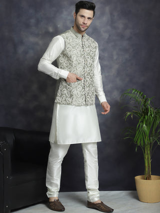 Men's Embroidred Nehru Jacket With Solid Kurta Pyjama