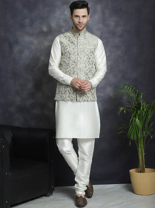 Men's Embroidred Nehru Jacket With Solid Kurta Pyjama