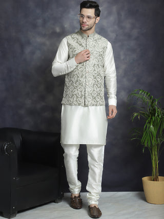 Men's Embroidred Nehru Jacket With Solid Kurta Pyjama