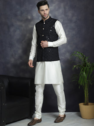 Men's Sequins and Embroidred Nehru Jacket With Solid Kurta Pyjama