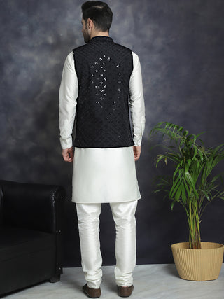 Men's Sequins and Embroidred Nehru Jacket With Solid Kurta Pyjama