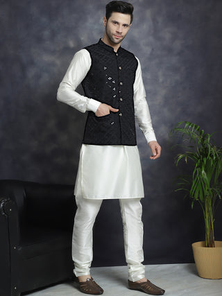 Men's Sequins and Embroidred Nehru Jacket With Solid Kurta Pyjama