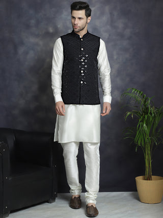 Men's Sequins and Embroidred Nehru Jacket With Solid Kurta Pyjama