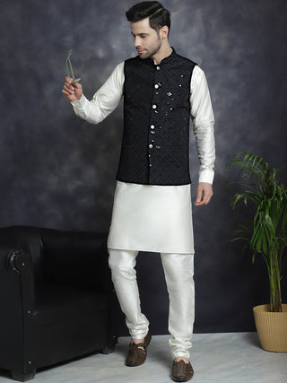 Men's Sequins and Embroidred Nehru Jacket With Solid Kurta Pyjama