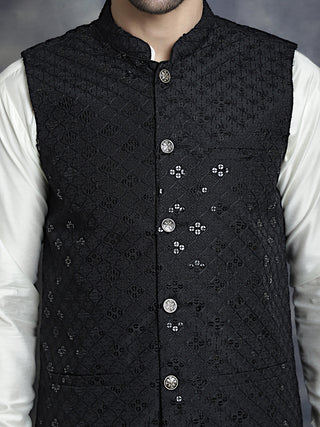 Men's Sequins and Embroidred Nehru Jacket With Solid Kurta Pyjama