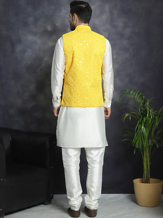 Men's Sequins and Embroidred Nehru Jacket With Solid Kurta Pyjama