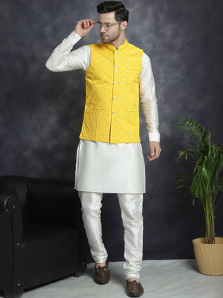 Men's Sequins and Embroidred Nehru Jacket With Solid Kurta Pyjama