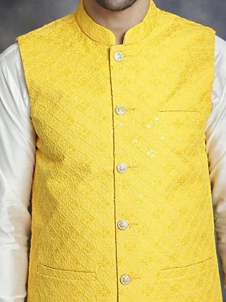 Men's Sequins and Embroidred Nehru Jacket With Solid Kurta Pyjama