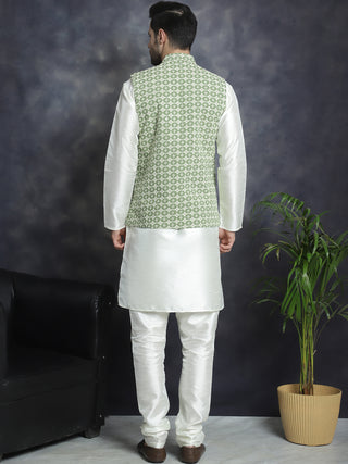 Men's Embroidred Nehru Jacket With Solid Kurta Pyjama