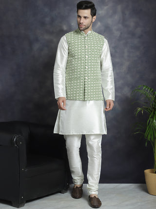 Men's Embroidred Nehru Jacket With Solid Kurta Pyjama