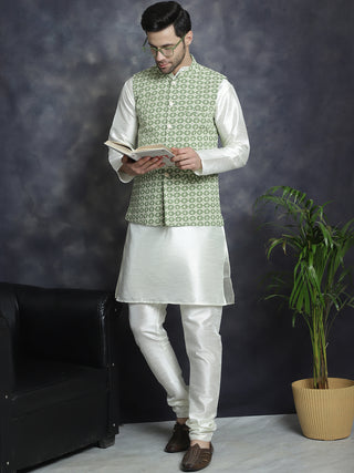 Men's Embroidred Nehru Jacket With Solid Kurta Pyjama